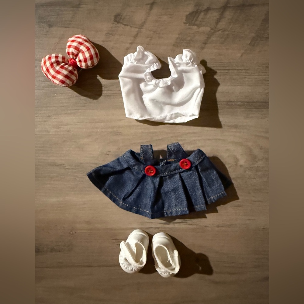 Labubu White Top and Denim Skirt Set with Shoes and Bow
